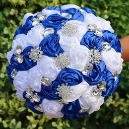 Wedding Flowers JaneVini Royal Blue White Bridal Bouquets Crystals Artificial Satin Roses Fake Bouquet Accessories For Bride