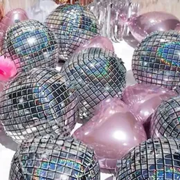 Julekorationer 5st 4D Disco Balloons Laser för bröllop Happy Birthday Party Rock and Roll Looks Round Cube Shaped Globos 231024