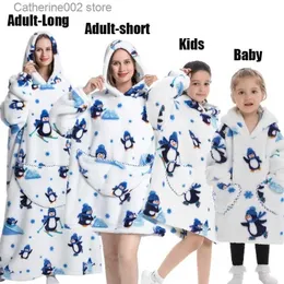 Kadın Uyku Salonu Kış Kış Büyük Boyutu Hoodies Aile Sweatshirt Sevimli Karikatür Penguen Süper Uzun Kapşonlu Battaniye Pazen Dev Tembel Tv Battaniye Pijama T231024