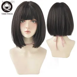 Synthetic Wigs 7JHH WIGS Black Short Bob Wig for Girl Daily Wear Synthetic Wig New Style Natural Supple Summer Heatresistant Wig With BangsL231024