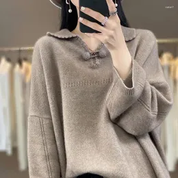 Kadın Sweaters Lüks 100 Saf Kaşmir Polo Yaka Kazak Kadınlar için Avrupa Tarzı Gevşek Fit Tembel ve Rahat Bultlenek Külotu