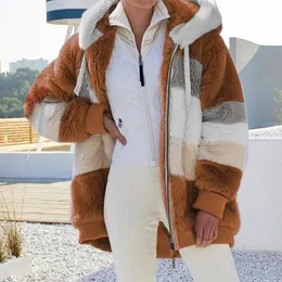 Felpe con cappuccio da donna Felpe con cerniera Capispalla da donna Elegante cappotto in pile sciolto con cappuccio Giacca da donna Caldo peluche Giacche Autunno Inverno Pelliccia sintetica Patchwork Oversize 231023