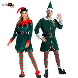 cosplay eraspooky Deluxe Santa Claus Pomocnik Cosplay Dress Green Christmas Elf Costume for Adult Xmas Workshop New Year Mencosplay