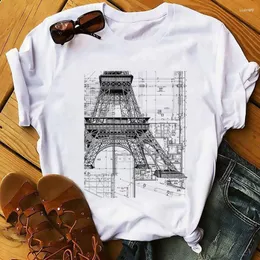 Men's T Shirts Men's Eiffel Tower And Church Retro Design Drawings Geek T-shirt Men White Casual Homme TShirt Hipster Engineer