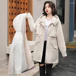 Women's Trench Coats Medium Long Cotton Liner Parka Fashion 2023 Slim Waist Winter Jacket Warm Hooded Chic Ladies Coat