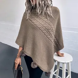 Damen Cape Damen Jacken Freizeit Kunstpelz Kugeln Gestrickter Poncho Übergroßer Pullover Solide Cape Schals für Frauen Lose Pullover Winter Schal Herbst Strickwaren 231023