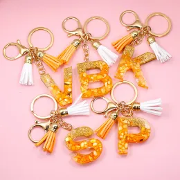 Cute Creative Orange Crystal Glitter Resin Letter Keychain Women A-Z 26 Alphabet Keyring Car Key Holder Bag Charms Accessories