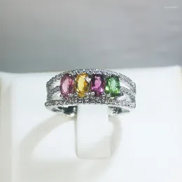 Cluster Rings Natural Tourmaline Ring for Party 3mm 5mm Multi-Color Silver 925 Jewelry
