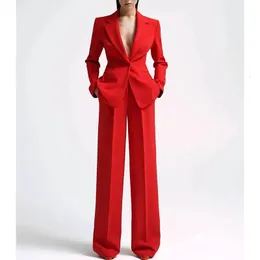 Kadınlar Suits Blazers Kadın Terzi Seti Kırmızı Seks Takım Elegante V-Neck Blazer ve Geniş Bacak Pantolon Seti Broek Plus Maat Twee Stuk Tailleur Femmes Ensemble231023