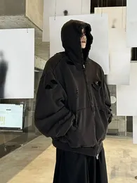 Grailz tvättade svart skadat dubbelskikt blixtlås modeklås män huva loss hoodie topp casual löst huva