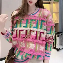 Maglione pullover lavorato a maglia girocollo di alta qualità di alta qualità Maglione lavorato a maglia con gradiente di colore di moda lettera manica lunga allentata F LOGO completo per le donne