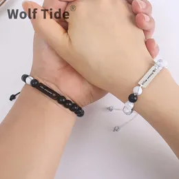 Wolf Tide White Pine Black Frosted Beaded Couple ID Bracelet Stainless Steel Engraved Male And Female Bracelets For Lovers Valentine Day Gifts Bijoux Jewelry