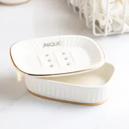 Soap Dishes Nordic Bathroom Accessories Gold Inlay Double Layer Soap Holder Ceramic Soap Dish With Drain Soap Box Porte Savon 231024