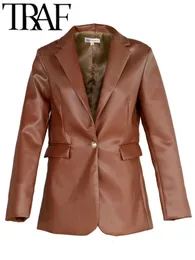 Women's Leather Faux Leather TRAF Woman Autumn Faux PU Leather Jacket Distress Single Button Vintage Long Sleeve Blazers Pockets Female Brown Suit Coat 231024