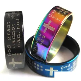 Band Rings Bk Lots 100Pcs English Serenity Prayer Bible Cross Stainless Steel Rings 8Mm Black Blue Rainbow Whole Mens Fashion Jewelry Otuzn