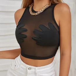 Kobiety dla kobiet seksowne kobiety widzi się przez siatkę czarne bez rękawów Sheer Slim Turtleeck Tiul Crop Top Cropped Streetwear Transparent