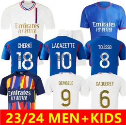 23 24 Maillot de Foot Lacazette Soccer Jersey Away Blue Caqueret ol aouar dembele 2023 2024 Cherki Barcola Man Kids Kits Lyons Home Football Рубашки