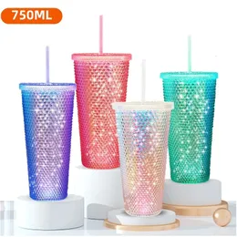 Tumblers Diamant Wasserflaschen Mädchen Doppelschicht Kunststoff Sommer Kalte Tasse Eiskaffee Saft Becher Tumbler mit Strohdeckel Trinkgeschirr 231023