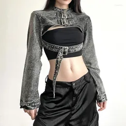 Kvinnors jackor goth mörk cyber gotisk vintage denim skörd y2k punk spänne ihåliga ut kvinnor rockar 90 -tal grunge harajuku streetwear jacka jacka