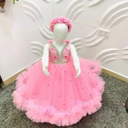 Flickaklänningar anpassade puffy baby klänning rosa tyll glänsande pärlor prinsessa första födelsedagstävling party klänning pografi