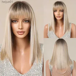 Synthetic Wigs HENRY MARGU Blonde Silky Straight Synthetic Wigs with Bangs Medium Long Natural Platinum Wig for Women Cosplay Heat ResistantL231024