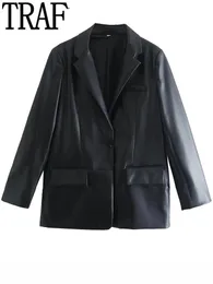 Damenanzüge-Blazer TRAF Schwarzer Kunstleder-Blazer für Damen, maskulin, Damen-Blazer-Set, Büro-Freizeit-Blazer, Damen-Herbst-Langarm-Damenjacke, 231023