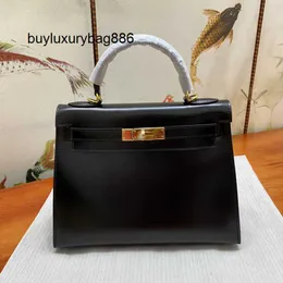 Women Box Leather Handbag Black Glossy Box Calfskin High End Hand Honey Wax Thread Order Women's Bag L med logotyp