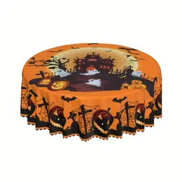 1pc, Polyester Tablecloth, Pumpkin Castle Ghost Round Table Cloth, Embossed Edge, Halloween Theme Pumpkin Ghost Printed Tablecover, Stain Resistant, Waterproof,