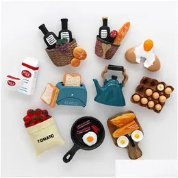 Fridge Magnets Home Decoration Magnetic Refrigerator Paste Sticky Notes Bread Hine Tomato Egg Pan Teapot Milk Model Magnet Collectio Dhd7M