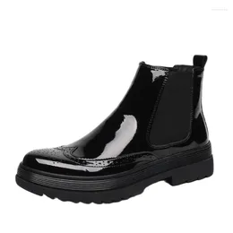 Boots Fashion Platform Height Increase Patent Leather Carving Ankle Men Round Toe Slip On Daily Casual Work Mens Warm Boot