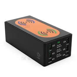 HHW-888Wデュアルワイヤレス充電ドックUSB-A USB-C QC3.0 PD充電器ハブLEDディスプレイ電話タブレットラップトップ高速充電ステーション-Black/USプラグ