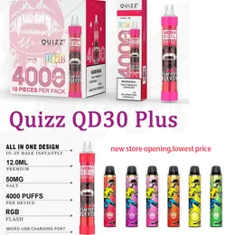 Original Quizz QD30 Plus Disposable E Cigarette Kit 650mAh Battery 4000 Puffs 12ml Pods Cartridge RGB Flash Rechargeable Vaporizer Vapor