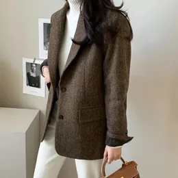 Damskie garnitury Blazers w stylu Koreańska wełniana kurtka dla kobiet wełniana wiosna i jesień brytyjski styl jodełka szary szczupły biuro garnituru TOP231023