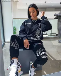 Kvinnors tvåbitar byxor Kvinnor 2 Tvådelat set Soutfit Letter Print Loose Treetwear Tracksuit Sweatshirt +Joggers Pants Matching Sets Ensemble Femme T231024