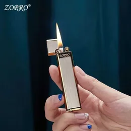Lighters ZORRO Ultra-thin Metal Kerosene Lighter Creative Grinding Wheel Type Lightweight Portable Smoking Accessories Gadgets for Men