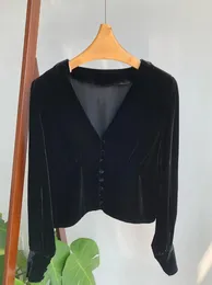 بلوزات المرأة النسائية رجعية أنيقة مزيج الحرير الأسود المخملية V- قميص قميص طويل الأكمام أعلى