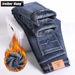 Hommes Jeans Hiver Chaud Épaissir Polaire Slim Droit Doux Élastique Affaires Casual Denim Pantalon Marque Mâle Pantalon Bleu Gris 231024