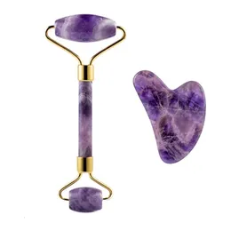 Ansiktsvårdsanordningar Amethyst Massager Natural Stone Roller GUA SHA Tools Set Spa Acupuncture Scraping Crystal Body Health Massage 231023