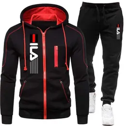 Urban Sexy Dresses Casual Print Tracksuit Men Hooded Zipper Jacket+Black Sweatpants Fashion Two Pieces Set Solid Color Workout Jogging Sports Suits