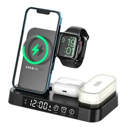 A37 3-i-1 fällbar trådlös laddare för iPhone 15W Fast Charger Portable Charging Stand med Night Light Clock Support för AirPods / IWatch Charging-Black