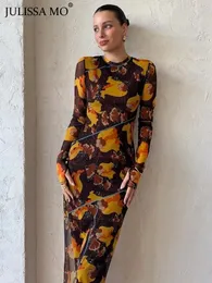 Casual Dresses 2023 Fall Elegant Mesh Sheer Print O-Neck Longsleeve Women Midi Dress Femme Chic Side Slim Pullover Robe