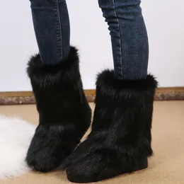 Botas de neve peludas femininas inverno nova imitação de lã de raposa botas de algodão médio comércio exterior europeu e americano sapatos de algodão de tamanho grande tamanho 36-41