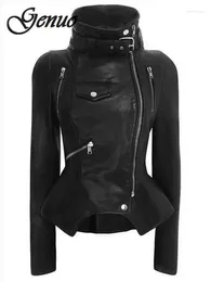 レディースジャケット本物のバイクの女性スリムPUレザーコートスチームパンクモトストリートウェアロックスタイルメタルゴス本物