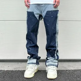 Men's Jeans Streetwear Speckled Ink Color Match Y2K Baggy For Men Patchwork Rage Fringe Micro Denim Trousers Oversize Loose Cargos