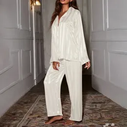 Ev Giyim Kadınları Stripe Pijamalar Set Fransız Katı İpek Saten Pijamalar İki Parça Evde Giyim Nightwear Rahat 230907