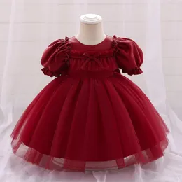 Flickaklänningar Girls 'Princess Bow Dress Baby One Year Old Birthday Guaze Performance Elegant Puff Sleeve Ball Gown 70cm-90cm