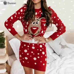 Women's Sweaters Knitwear Mini Dress Women Long Sleeve Elk Jacquard Knitted Sweater Dress Christmas Style Slim Fit Crew Neck Sexy Daily OutfitL231024