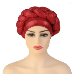 Abbigliamento etnico Rosso Auto Gele Copricapo africano Cappello a cuffia Turbante attorcigliato per le donne Trecce di paillettes musulmane Sciarpa avvolgente per la testa Hijab interno Aso Oke