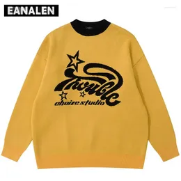 Herrtröjor harajuku retro gul grön bokstav tröja vinter överdimensionerad jumper stickad pullover casual morfar fula kvinnor y2k