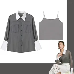 Kvinnors blusar märkesdesigner grå tunn skjorta fast färgperspektiv mode kvinna blus 2023 tvådelar dräkt avslappnade kvinnliga toppar